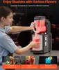 A woman is pouring a red slushy from a machine into a cup. Below the machine are three smaller images showing different drinks and their recommended temperatures. Voir les images du produit