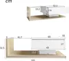 Diagrams showing the dimensions of a white and wood-colored coffee table. Voir les images du produit