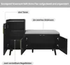 A black shoe cabinet with a gray cushioned seat, shown with doors open to reveal storage compartments. Text overlays highlight features. Anteprima dell’immagine prodotto