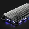 A close-up, angled view of a mechanical gaming keyboard with a gradient of black to white keycaps and blue LED lighting emanating from its base. Produktbild-Vorschau