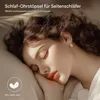 A woman sleeping peacefully on a pillow, with text overlays describing earplugs for side sleepers. Produktbild-Vorschau