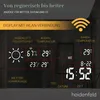 A digital display showing weather information, time, and date, with a Wi-Fi symbol and marketing text. Produktbild-Vorschau