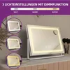 A makeup mirror with LED lighting is displayed on a vanity table, with smaller inset images showing different lighting modes. Produktbild-Vorschau