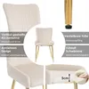 Collage of images showing details of a beige velvet chair with gold legs. Podgląd zdjęcia produktu