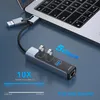 A USB hub connected to a laptop, with text highlighting its features. Produktbild-Vorschau
