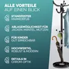 A coat rack with a marble base and various items hanging on it, presented alongside a list of its advantages. Anteprima dell’immagine prodotto