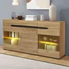 A modern wooden sideboard with glass doors and LED lighting, displaying decorative items and books. Produktbild-Vorschau