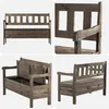 A collage of four images showing a wooden storage bench from different angles, with the lid open in one view. Voir les images du produit