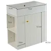 A white bathroom vanity with a sink, featuring open shelves on one side and a fluted door with a gold handle on the other. Dimensions are indicated with measurement lines and text. Voir les images du produit
