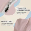 Close-up of a pink fabric with a zipper, accompanied by text highlighting product features. Produktbild-Vorschau