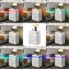 A collage of images showing a white nightstand with LED lighting in various colors, placed next to a bed. Produktbild-Vorschau