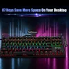 A mechanical keyboard with rainbow backlighting is displayed against a dark, abstract background with neon light effects. Produktbild-Vorschau