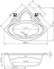 Technical drawing of a corner bathtub with dimensions. Anteprima dell’immagine prodotto