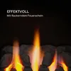 Close-up of artificial flames and rocks, with German text overlay. Produktbild-Vorschau