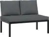 A modern, minimalist outdoor bench with dark gray cushions and a black metal frame, presented on a clean white background. Produktbild-Vorschau