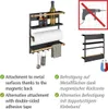 A magnetic kitchen shelf with spice jars, paper towel holder, and hooks, shown with text describing its features and attachment methods. Voir les images du produit