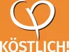 A white logo resembling a stylized heart or pretzel is superimposed on an orange background, with the word "KÖSTLICH!" in white text below it. Produktbild-Vorschau