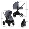 A collage of images showing a stroller in different configurations and folded, with dimensions indicated. Náhled obrázku produktu