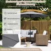 An outdoor patio scene with a gray umbrella, wicker furniture, and a wooden fence. Produktbild-Vorschau