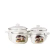 A set of four white enamel pots with mushroom illustrations, arranged in a diagonal line against a white background. Náhľad obrázku produktu