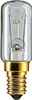 A clear, professional studio shot of a small, tubular incandescent light bulb with a gold-colored screw base. Voir les images du produit