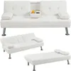 A collage of a white sofa bed shown in different configurations. Produktbild-Vorschau