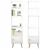 Two white Scandinavian-style bookshelves are shown side-by-side against a white background. The left bookshelf is decorated with books and plants, while the right bookshelf is empty. Produktbild-Vorschau