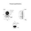 Diagrams and views of a white security camera with labels indicating its features and dimensions. Anteprima dell’immagine prodotto