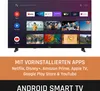 A smart TV displaying various app icons and movie posters, with promotional text below. Produktbild-Vorschau