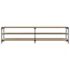 A long, three-tiered shelf unit with a wooden top and shelves, supported by a black metal frame. Produktbild-Vorschau