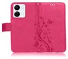 A pink flip case for a smartphone, with a floral and butterfly embossed design. Produktbild-Vorschau