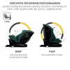 Two car seats are shown, one facing backward and one facing forward, with diagrams illustrating safety features. Produktbild-Vorschau