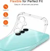 A clear phone case is shown on a light blue phone, with feature callouts. Produktbild-Vorschau