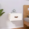 A white wall-mounted nightstand with a brown leather handle is shown next to a wooden bed frame. Náhľad obrázku produktu