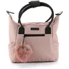 A pink baby stroller bag with black handles and a fluffy pom-pom accessory. Produktbild-Vorschau