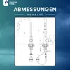 Technical drawing of a kitchen faucet with dimensions and labels, set against a gradient background. Produktbild-Vorschau