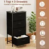 A black fabric dresser with a metal frame, shown with one drawer open, next to a potted plant. Text overlays describe storage solutions. Podgląd zdjęcia produktu
