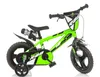 A green children's bicycle with training wheels is shown against a white background. Voir les images du produit