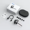 A flat lay of a New Bee M50 Bluetooth headset and its accessories, including the charging case, USB cable, and ear tips, arranged on a light gray surface. Podgląd zdjęcia produktu