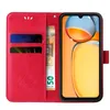 A red flip phone case with card slots and a banknote is shown open, with a smartphone inside. Produktbild-Vorschau