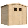 A wooden garden shed with double doors and two small windows. Náhľad obrázku produktu