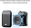 A close-up marketing image showing a portable speaker with a cutaway view revealing its internal speaker component, with sound wave graphics emanating from it. Produktbild-Vorschau