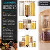 A collage of glass storage containers with bamboo lids, showcasing different sets and sizes, with text describing product features and organization. Produktbild-Vorschau