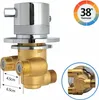 A close-up view of a brass thermostat mixer valve with chrome accents, shown against a white background. Dimensions are indicated with lines and measurements. Produktbild-Vorschau
