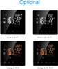 A collage of four smart thermostats, each displaying different settings and color options. Produktbild-Vorschau