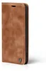A brown leather flip case for a smartphone, shown from the side. Produktbild-Vorschau