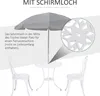 A white metal table and two chairs set with an umbrella. A close-up of the table's decorative pattern is shown. Náhľad obrázku produktu