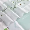 A close-up view of a sheer white curtain with embroidered white daisies and green stems, draped over a light green surface with text. Produktbild-Vorschau
