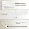 Collage of images showing details of a white electric towel radiator, including its heating element and connection cable. Náhled obrázku produktu