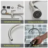 A collage of four images showcasing different aspects of a kitchen faucet, including its accessories, a close-up of the bubbler, the purified water spout, and a hand pulling out the faucet head. Náhled obrázku produktu